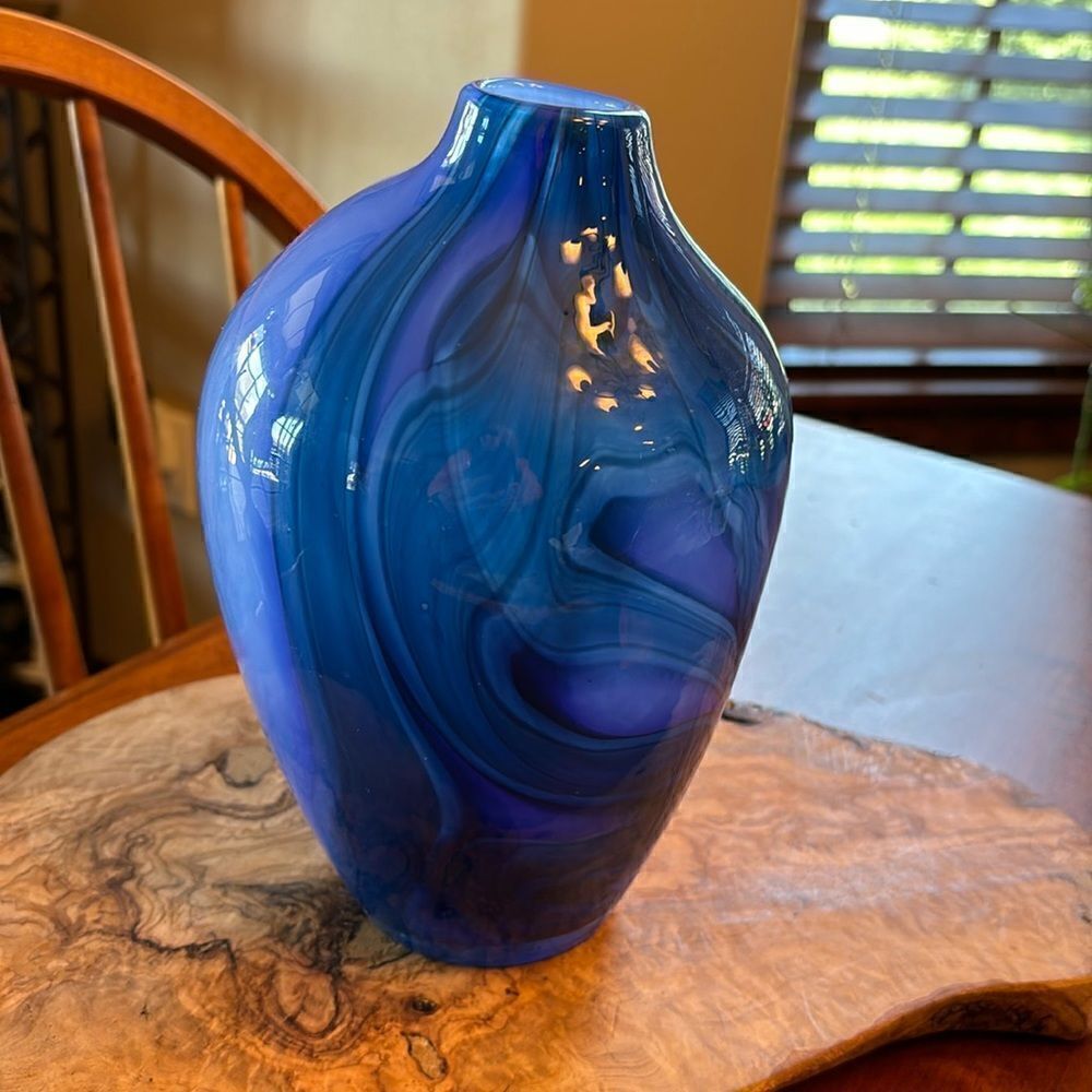 NEW Anthropologie Blue Swirl Glass Blown Asymmetrical Vase